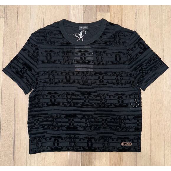 Chanel 21C Black Flocked Velvet CC Logo Top Short Sleeve Tee T Shirt S Small - Picture 3 of 16